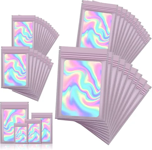 Vista 17 de 120 bolsas de tereftalato de polietileno a prueba de olores, bolsa de embalaje holográfica resellable con ventana transparente para alimentos