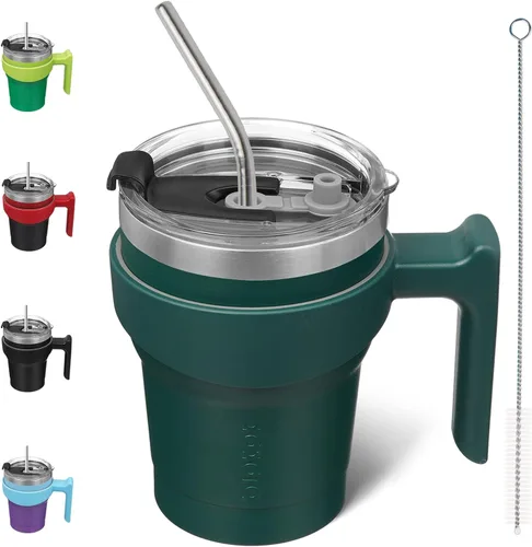 Vista 27 de BJPKPK Mini vaso de 10 onzas con tapa, popote y asa, taza de acero aislada