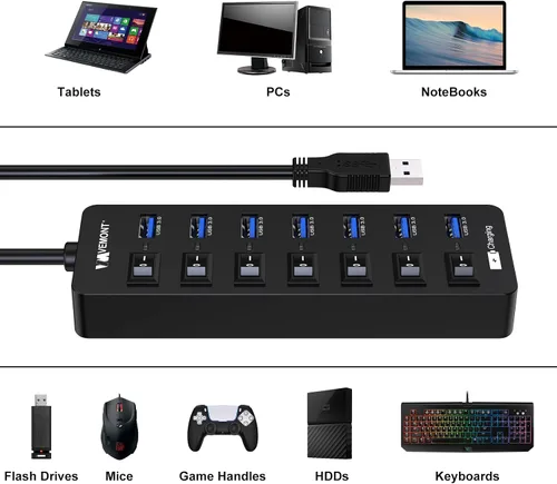 Vista 10 de Hub USB 3.0 alimentado, concentradores VEMONT de 7 puertos múltiples USB y 1 puerto de carga inteligente USB con fuente de alimentación de 5 V/3 A
