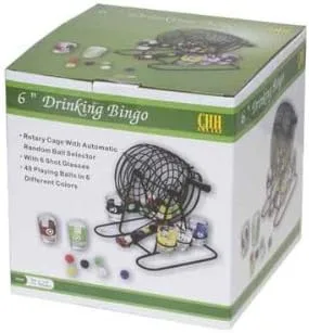 Vista 2 de Juego de bingo para beber con 6 vasos de chupito de diferentes colores y jaula de metal