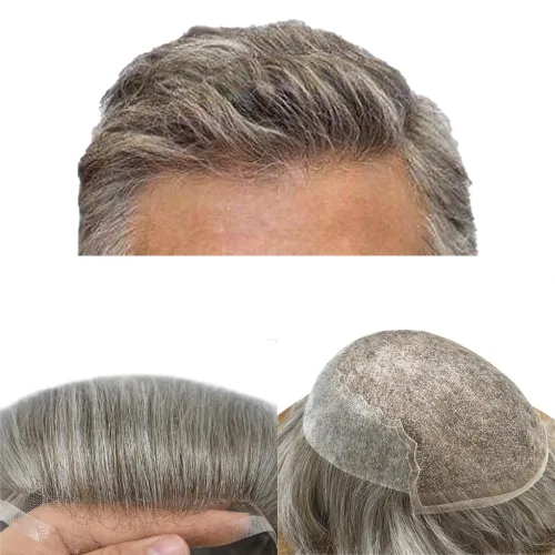 Vista 78 de Mens Toupee Swiss Lace Mens Hair Piece Sistema de reemplazo de cabello para hombres Toupee para hombres Cabello humano nudo blanqueado protesis