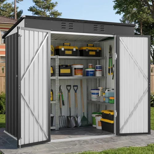 Vista 12 de Gizoon Cobertizo de almacenamiento para exteriores de 8 x 6 pies, cobertizo de jardín de metal galvanizado con puertas dobles con cerradura, Marrón