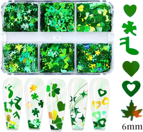 Vista 3 de 6 rejillas para arte de uñas del día de San Patricio, lentejuelas 3D, trébol, estrellas, estrellas, corazón, hojas, trébol, diseños de uñas
