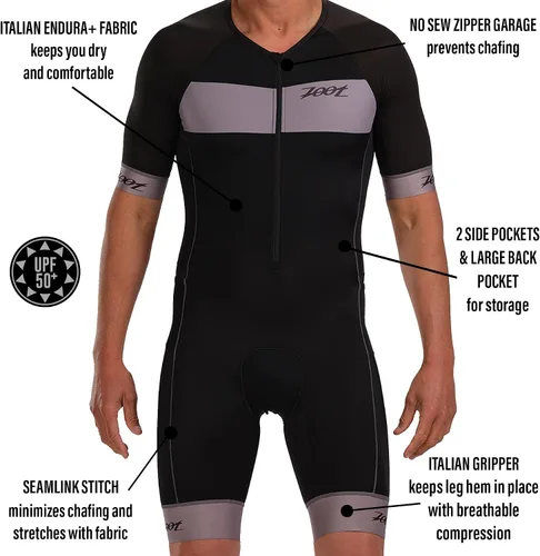 Vista 2 de Zoot Traje de carreras Core Aero Tri para hombre, traje de triatlón de manga corta para hombre, tela italiana Primo, 3 bolsillos y acolchado