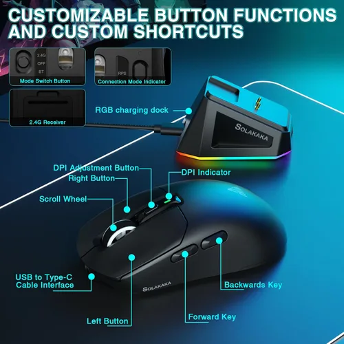 Vista 6 de SOLAKAKA SM820 - Mouse inalámbrico para juegos con base de carga RGB, mouse inalámbrico de tres modos de 24000 DPI con 2 botones laterales, mouse