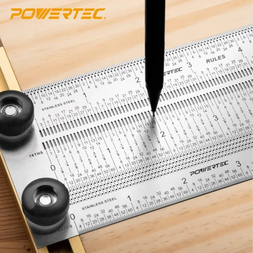 Vista 4 de POWERTEC Regla T de Marcado de Precisión de 6 Pulgadas, Regla T con Lápiz para Medir, Trazar, Establecer Altura de Brocas, Herramientas de Marcado