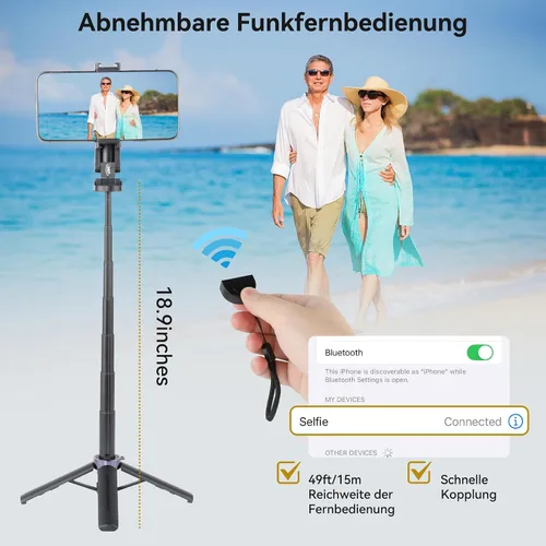 Vista 5 de UTEBIT Palo selfie de 18 pulgadas con control remoto inalámbrico, palo telescópico selfie extensible con control remoto Bluetooth, trípodes