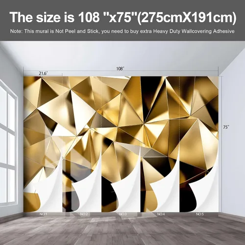 Vista 3 de Papel tapiz de geometría dorada 3D para dormitorio, murales de pared extra grandes, mural de sofás de sala de estar, 108 x 75 pulgadas