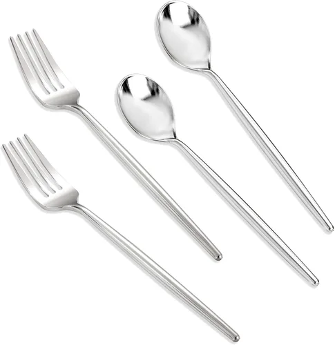 Vista 11 de SUT Juego de 100 piezas de tenedores y cucharas de plástico dorado resistente, cubiertos desechables dorados, cubiertos dorados, utensilios