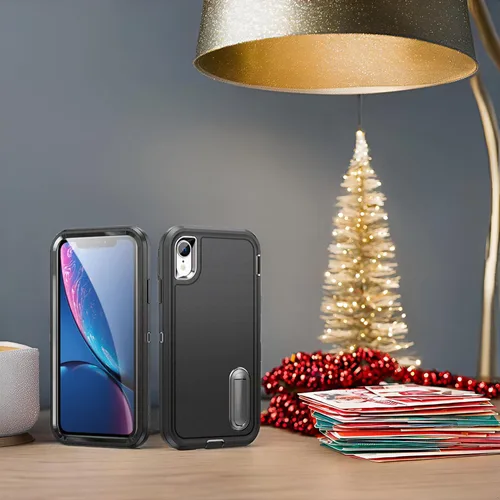 Vista 2 de IDweel Funda para iPhone XR, color negro para iPhone XR con soporte para hombres, protección resistente a prueba de golpes, antiarañazos, ajuste