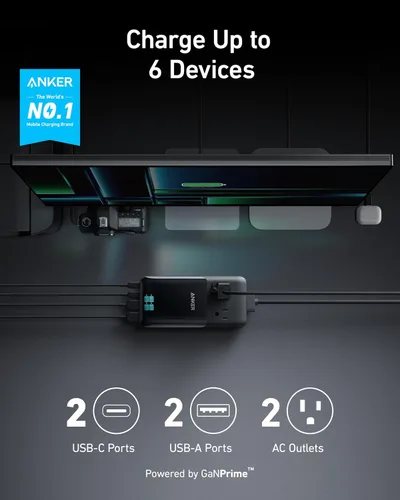 Vista 2 de Anker Prime Estación de carga, tira de alimentación de viaje 6 en 1 de 140 2 AC, 2 USB A, cable de extensión desmontable de 5 pies con múltiples
