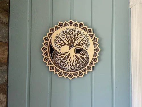 Vista 3 de Decoración de pared de madera con árbol de la vida, decoración de pared de mandala de madera con árbol de la vida (pequeño)