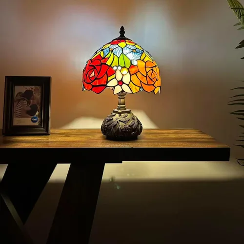 Vista 3 de Tiffany - Lámpara de mesa con diseño de flores, color rojo, naranja y azul, incluye base de libélula para sala de estar, dormitorio, mesita