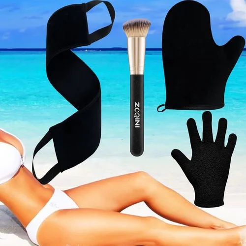 Vista 2 de Kit de manoplas autobronceadoras, suaves y aterciopeladas, aplicador de bronceado trasero, guante exfoliante, cepillo bronceador facial en ángulo