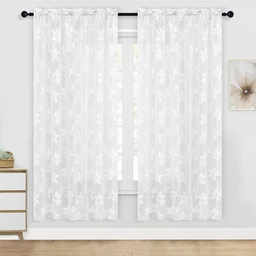 Vista 14 de DWCN Paquete de 2 cortinas traslúcidas pequeñas de encaje floral beige para cocina, cortinas traslúcidas ligeras con bolsillo para barra, cortinas