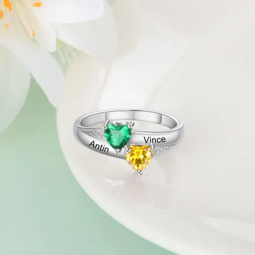 Vista 6 de Anillos de promesa personalizados para mujer grabado de 2 a 8 nombres y piedras natales anillo de corazón para abuela familia regalos para esposa