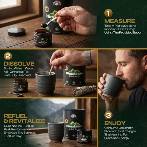 Vista 5 de Shilajit orgánico puro del Himalaya de grado dorado para hombres y mujeres, Himalaya 75%+ ácido fúlvico y 85+ oligominerales, resina para energía e