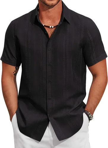 Vista 10 de COOFANDY Camisas casuales con botones para hombre, de manga corta, para verano, playa, texturizadas