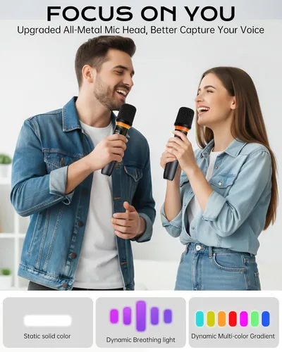 Vista 6 de Micrófono inalámbrico, silencio de un solo toque e iluminación RGB dinámica, micrófono dinámico de mano dual de grado profesional, alcance ultra