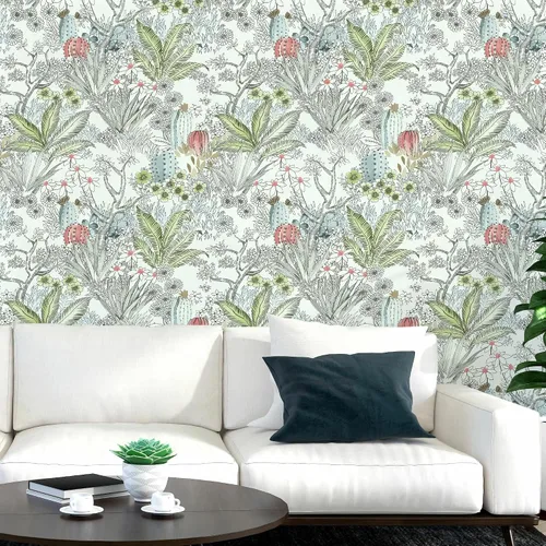 Vista 8 de Wudnaye Papel tapiz bohemio para despegar y pegar, papel tapiz Catus de 17.7 x 118.1 pulgadas, papel tapiz floral vintage para despegar y pegar