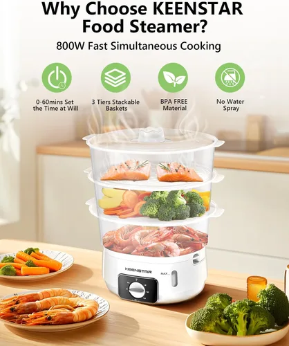 Vista 3 de Vaporizador eléctrico de alimentos para cocinar, vaporizador de verduras de 13.7 cuartos de galón con cestas de 3 niveles sin BPA, cocción