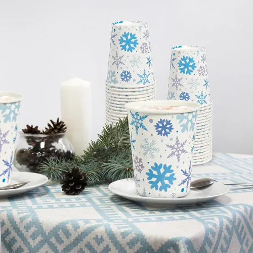 Vista 6 de 100 vasos de papel de copo de nieve de Navidad de 9 onzas, vasos de papel de Navidad, tazas de café desechables de Navidad, tazas de Navidad, vasos
