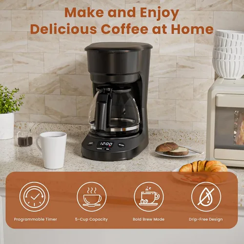 Vista 5 de WAA Cafetera de goteo programable de 5 tazas, cafetera portátil con olla de vidrio y filtro reutilizable, plato para mantener el calor, retrasar