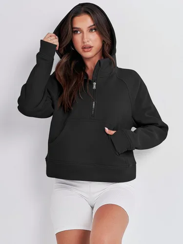 Vista 8 de ANRABESS Sudaderas con capucha corta con media cremallera para mujer, sudadera de forro polar con cremallera de un cuarto, ropa de invierno 2023