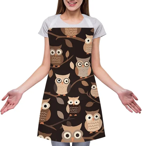 Vista 3 de MUSM Cute Brown Cartoon Owls Apron，Classic Vintage Funny with Pockets Aprons,Adjustable Bib Waterdrop Resistant for Kitchen Cooking Restaurant BBQ