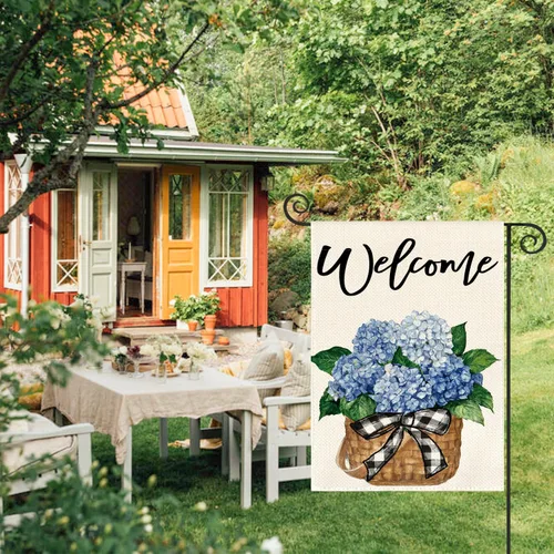 Vista 2 de AVOIN colorlife Bandera de jardín de primavera y verano de hortensias de 12 x 18 pulgadas, doble cara exterior, bandera floral de bienvenida