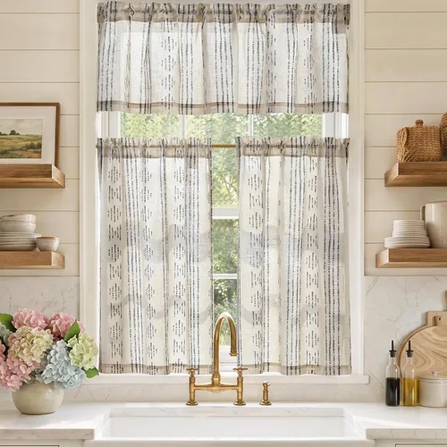 Vista 21 de Jinchan - Juego de cortinas y cenefas de cocina estilo bohemio negro sobre beige y bolsillo para barra Boho Negro sobre Beige