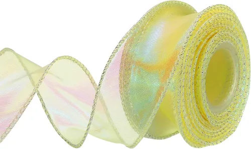 Vista 22 de MECCANIXITY - Cinta de organza con cable de 1 1/2" de ancho, brillante, transparente, con brillo irisado en tonos pastel, cinta de gasa para Beige