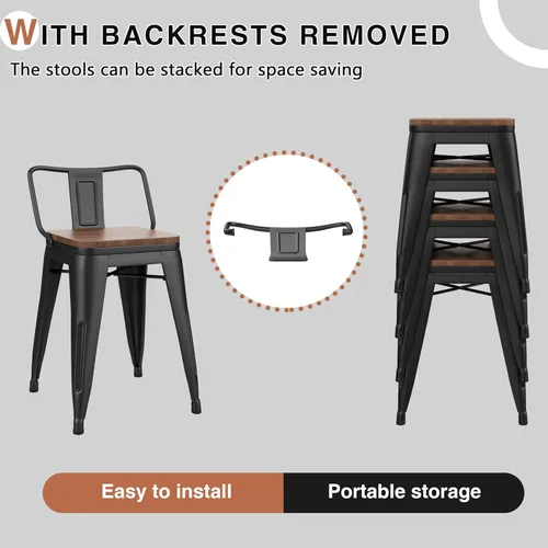 Vista 5 de Changjie Furniture - Juego de 4 sillas altas de metal con diseño industrial para barra de cocina o bar con respaldo bajo, Metal, Negro, 18 pulgadas