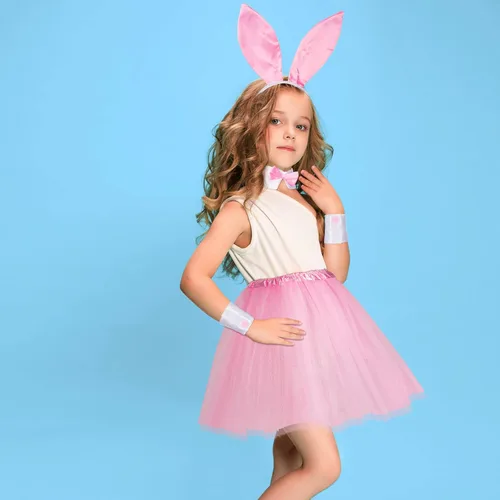 Vista 4 de SATINIOR Conjunto de accesorios para disfraz de conejo para mujer, diadema con orejas de conejo, puños, corbatín para cuello, cola de conejo