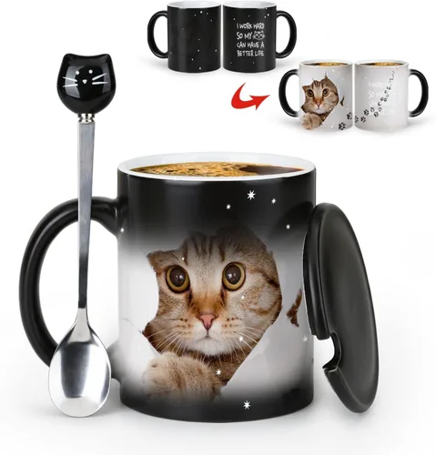 Vista 10 de Tazas únicas para gatos, tazas de café que cambian de color de 11 onzas – The Fish is Delicious – Taza de Halloween con tapa negra y cuchara