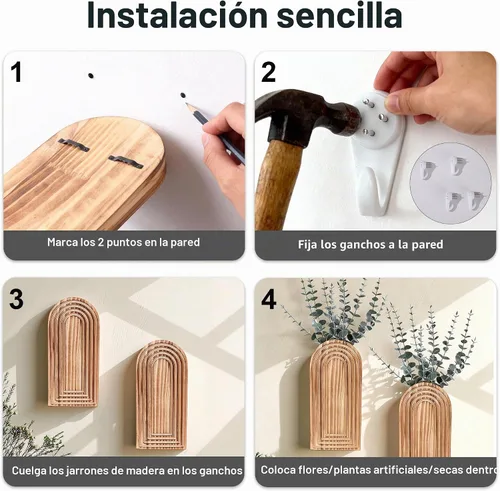 Vista 5 de DREAMLOOM Paquete de 2 jarrones de pared de madera con plantas artificiales de eucalipto, macetas para colgar en la pared, estilo bohemio y moderno