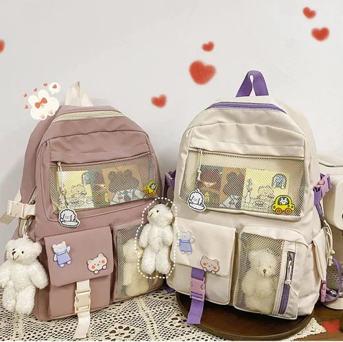Vista 4 de Mochila kawaii con bonito pin y accesorios, linda mochila kawaii para mochila escolar, mochila kawaii para niña, Negro