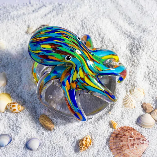 Vista 4 de Figura de pulpo de cristal soplado a mano en bola de cristal, coleccionable de criatura marina hecha a mano, pisapapeles y decoración de acuario