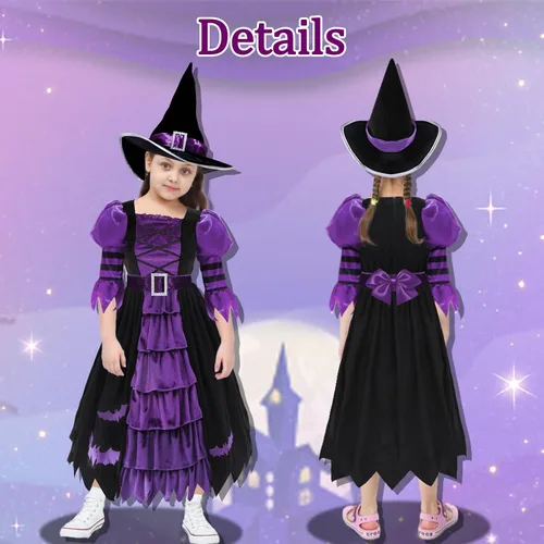Vista 3 de Kitimi Carnival Costume for Girls, Girls Witch Costume, Kids Toddler Halloween Costume, Kids Girls Witch Costume for Party