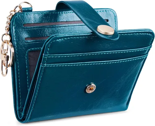 Vista 11 de POIUGOYA Billetera delgada para mujer, con bloqueo RFID, plegable, tarjetero con cremallera y bolsillo para monedas, ventana para identificación