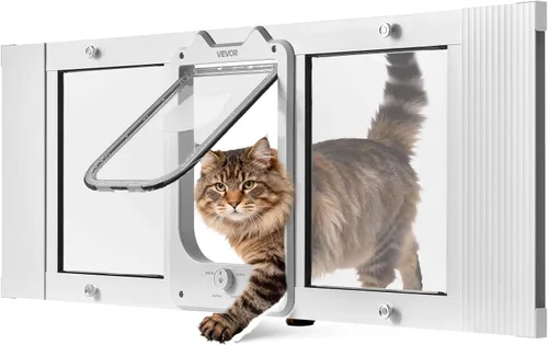 Vista 12 de VEVOR Puerta de gato para ventana, ajustable para adaptarse a un ancho de ventana de 27 a 32 pulgadas, 4 modos de bloqueo seguro, marco de aluminio