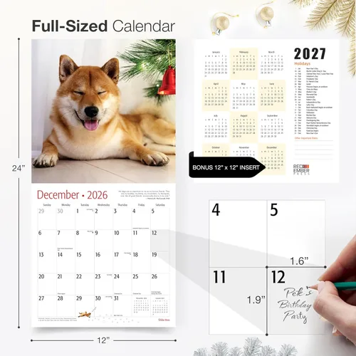 Vista 5 de RED EMBER Shiba Inus - Calendario de pared 2026 de 12 meses 12 x 24 pulgadas abierto Papel grueso y resistente Regalo de vacaciones Lindo