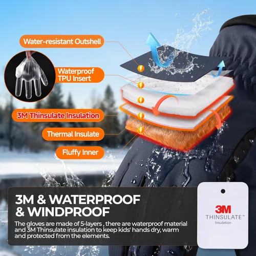 Vista 5 de rivmount Guantes de esquí Thinsulate para niños y niñas, impermeables, cálidos, para niños y niñas, jóvenes, esquí al aire libre, ciclismo, nieve