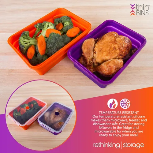 Vista 4 de Kitchen Home Thin Bins - Juego de 2 recipientes rectangulares extragrandes de silicona para almacenamiento de alimentos, sin BPA, aptos