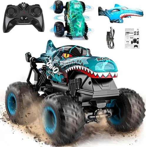 Vista 10 de BEZGAR Monster Truck Toys - Camión monstruo de control remoto con luz y música, juguetes de dinosaurios para niños, camión RC a escala 1:20 con Azul