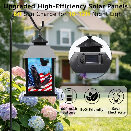 Vista 7 de Afirst Farol solar para exteriores, luces colgantes decorativas con bandera estadounidense, iluminación al aire libre, luces impermeables