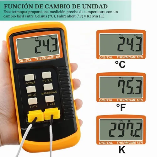 Vista 3 de Termómetro de termopar tipo K Probador de termopar de canales dobles (-58 ~ 2372 °F) Medidor de escala Kelvin de temperatura de alta precisión