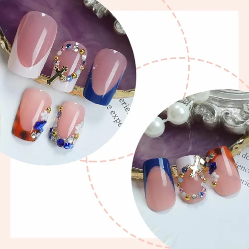 Vista 2 de BABALAL Uñas postizas punk a presión, uñas falsas cortas cuadradas, pegamento de caída de guepardo, uñas acrílicas azules y blancas con punta