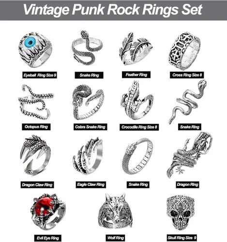 Vista 5 de Honsny 15Pcs Vintage Silver Punk Knuckle Rings for Men Women Cool Gothic Ring Cute Animal Statement Open Ring Set Snake Dragon Stackable Finger