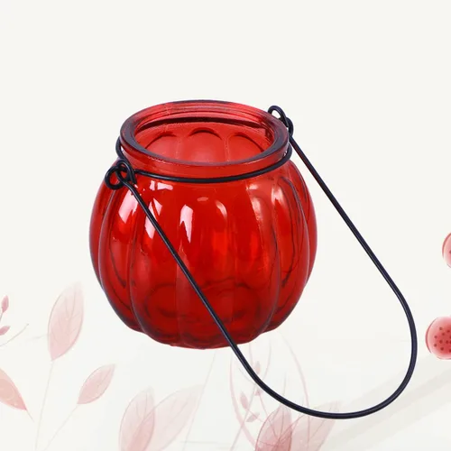 Vista 7 de Portavelas de vidrio para té de vidrio, portavelas votivas, soporte para velas de té de calabaza, candelabros colgantes para festivales, bodas, Rojo